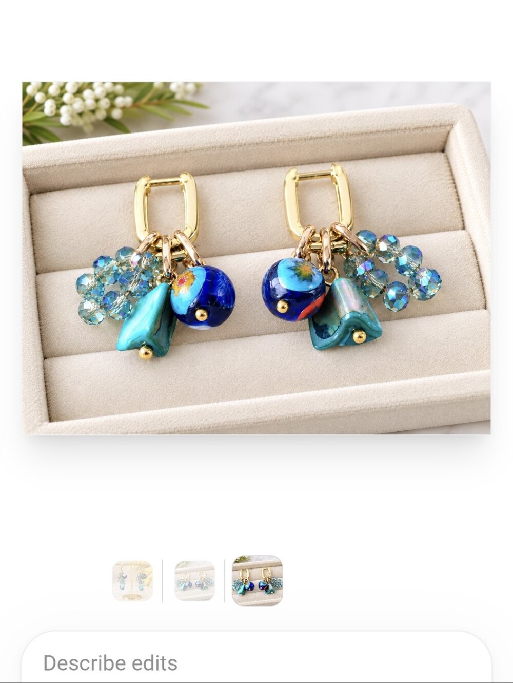 18k Gold Plates Millfiore Mother Of Pearl And Crystals Beaded Dangle Earrings